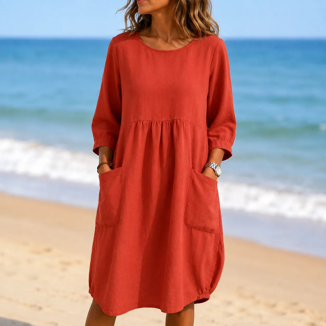 Marelle – Linen-Look Midi Dress with Three-Quarter Sleeves & Pockets