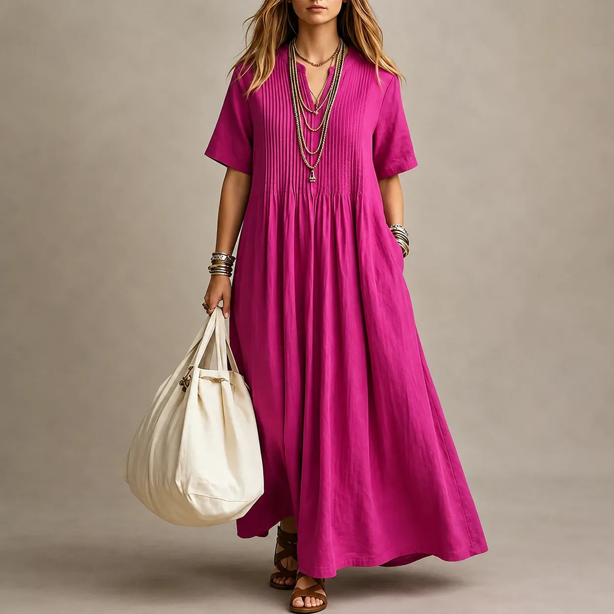 Lunavia – Pleated V-Neck Maxi Dress with Pockets