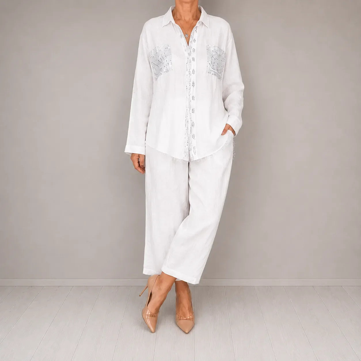 Sielora – Sequin Pocket Two Piece Set Wide Leg Pants Shirt Co-ord Women