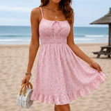 Marisole – Smocked Waist Mini Sundress with Tie-Front Bow and Ruffle Hem