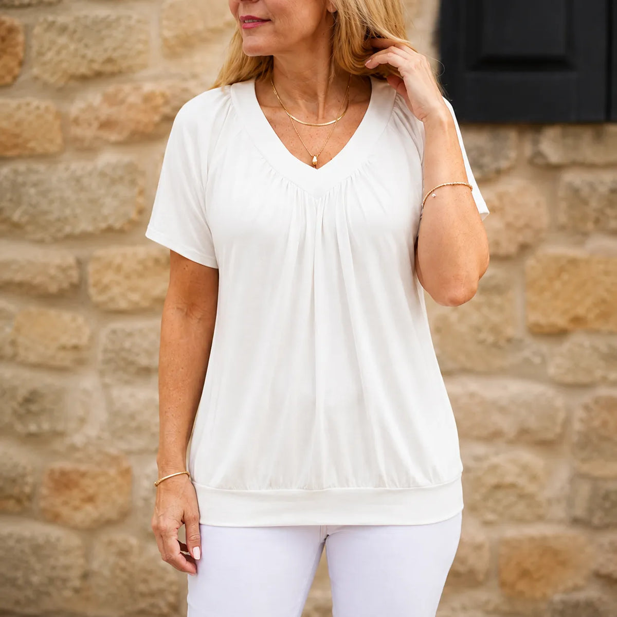 Velora – Pleated V-Neck Tunic Top for Women, Soft Drape Casual Blouse