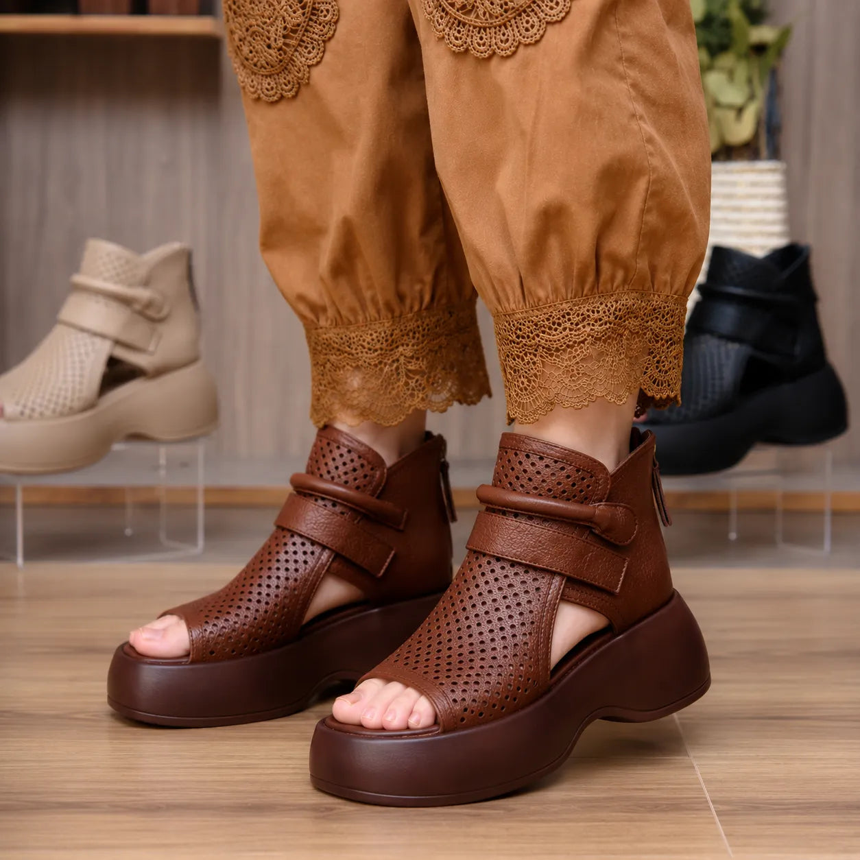 Terracora – Cut Out Platform Sandals with Back Zip, Cognac Espresso Beige