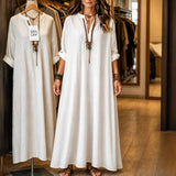 Vestara – Boho Striped V-Neck Maxi Dress with Pockets, Long Sleeves