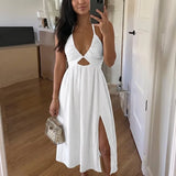 Solvenya – V-Neck Halter Maxi Dress with Cutout and Slit