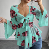 Roselyn – Floral tie-front bell sleeve mesh blouse
