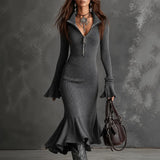 Selara – Ribbed Fishtail Knit Midi Dress with Half-Zip Collar