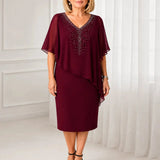 Velora – Rhinestone Look V-Neck Chiffon Like Cape Midi Dress