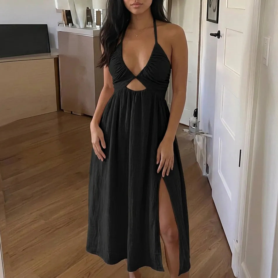 Solvenya – V-Neck Halter Maxi Dress with Cutout and Slit