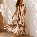 Solenne – Vintage Scroll Print Maxi Shirt Dress with Pockets