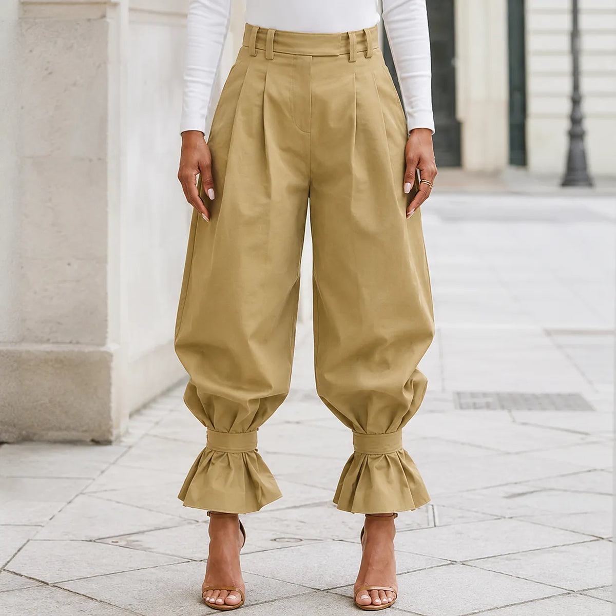 Verona – High Waist Pleated Lantern Pants with Ruffled Cuff