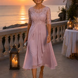 Elarose – Embroidered Lace Bodice Midi Dress for Weddings