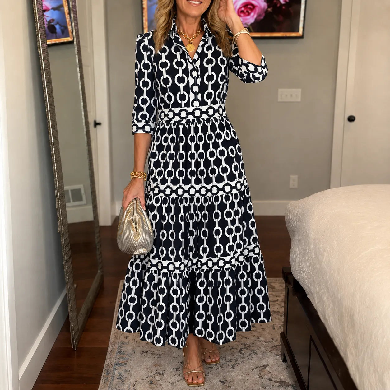 Verella – Chain-Print Tiered Maxi Dress with Pockets & V-Neck