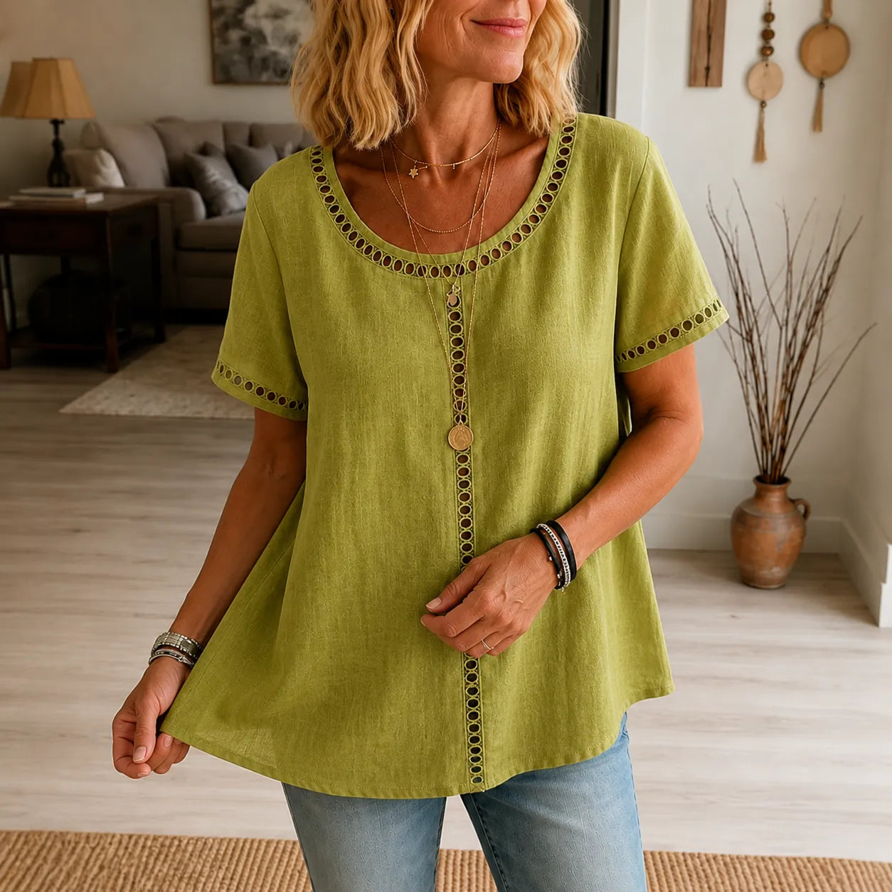 Marellia – Boho Openwork Trim Tunic Top for Women, Relaxed Fit Short Sleeve Summer Blouse
