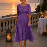 Elarose – Embroidered Lace Bodice Midi Dress for Weddings