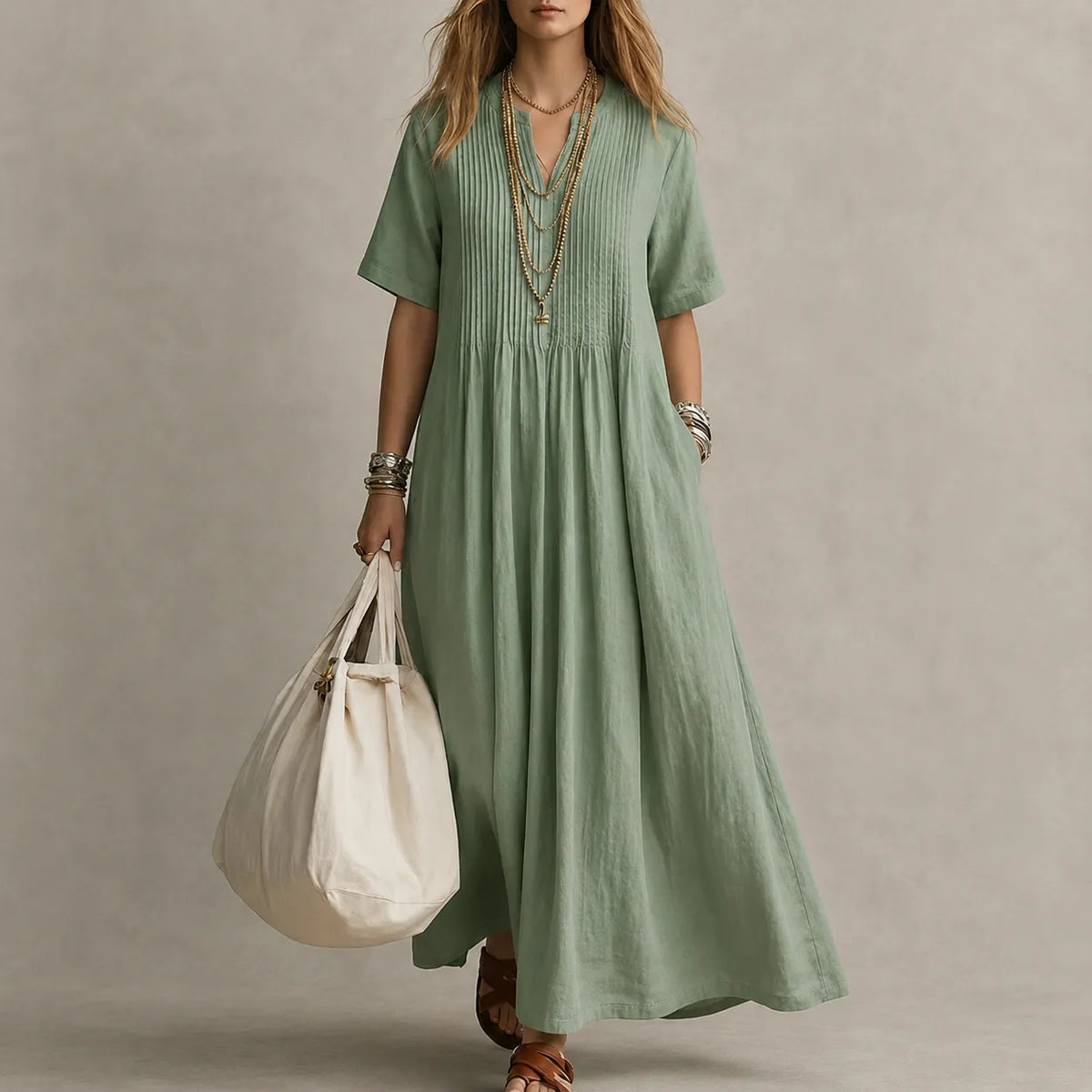 Lunavia – Pleated V-Neck Maxi Dress with Pockets