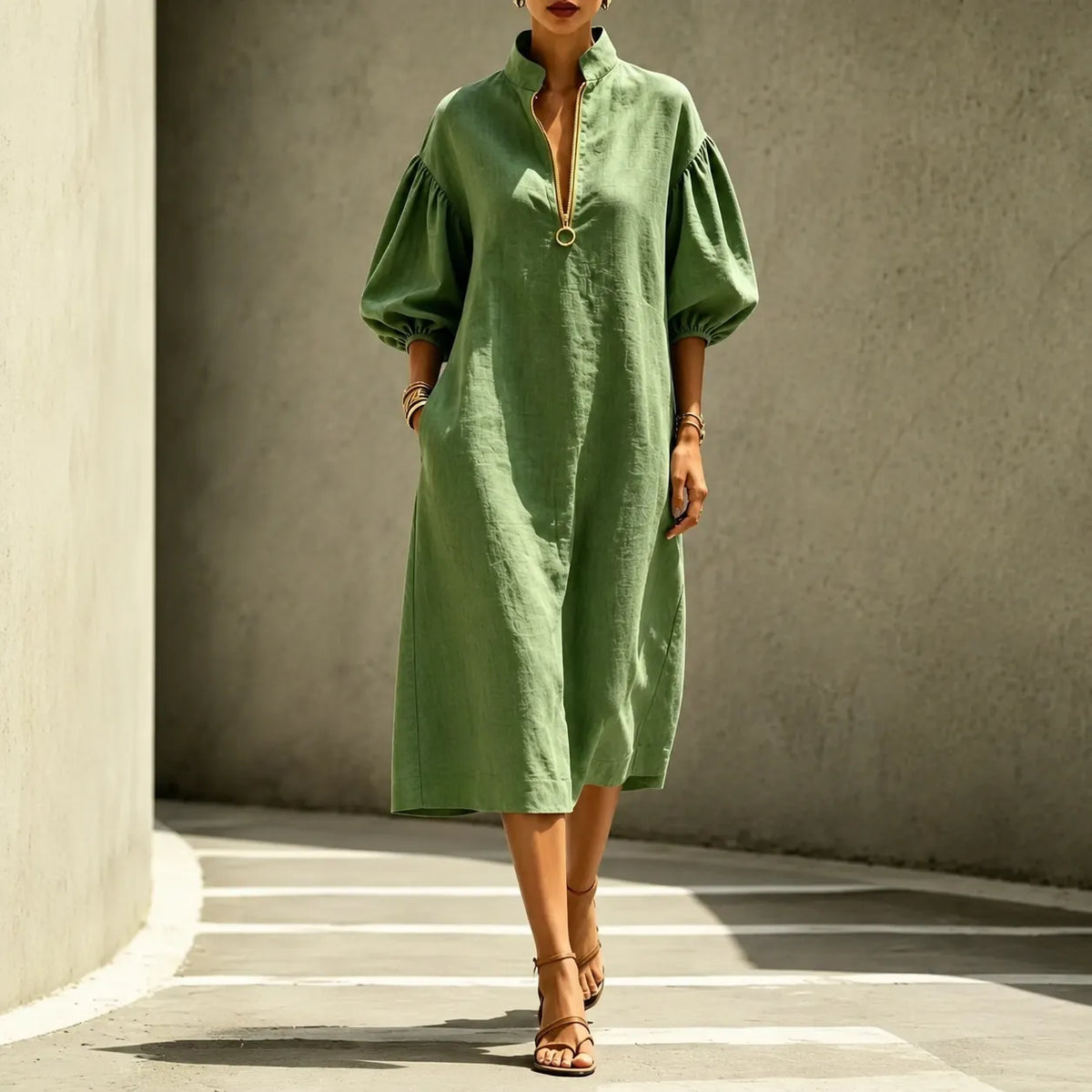 Solvana – Half-Zip Puff Sleeve Loose Midi Dress with Pockets