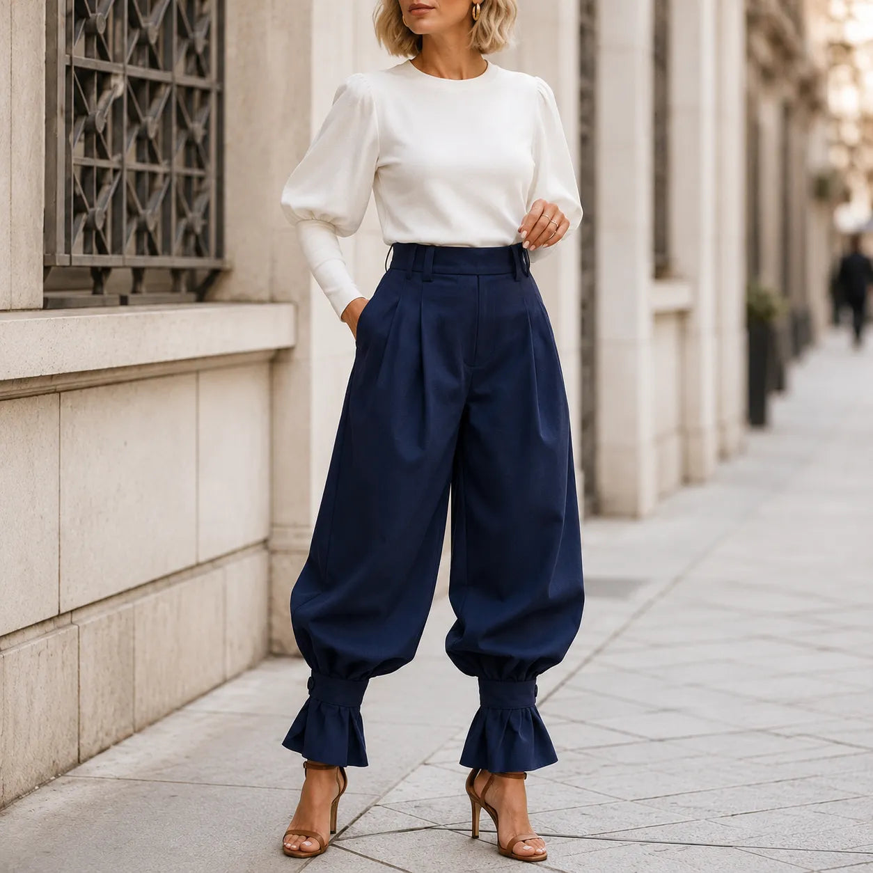 Marlow – Pleated Lantern Wide-Leg Trousers with Bow Cuffs