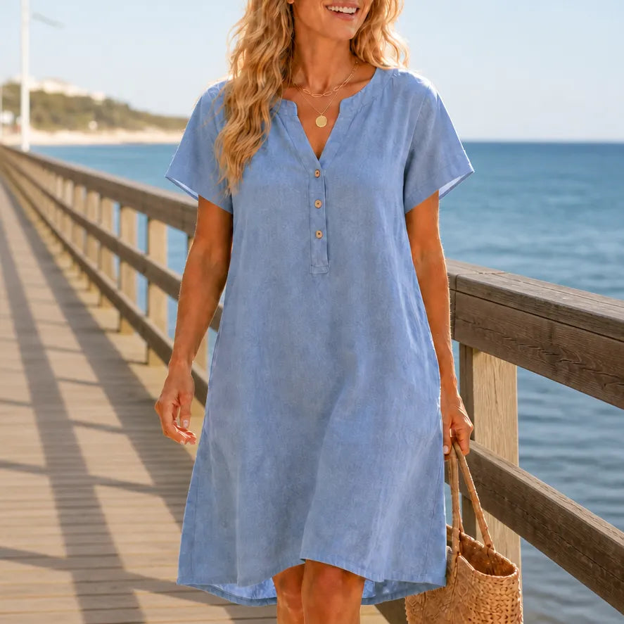 Solivia – Women's V-Neck Midi Dress with Pockets
