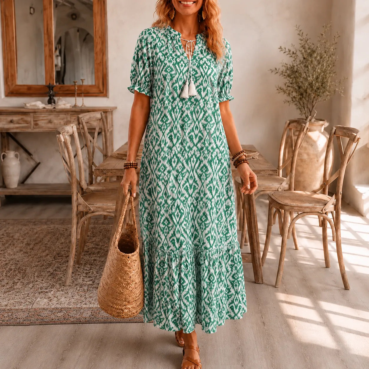 Solara – Ikat Print Boho Maxi Dress with Tassel V-Neck
