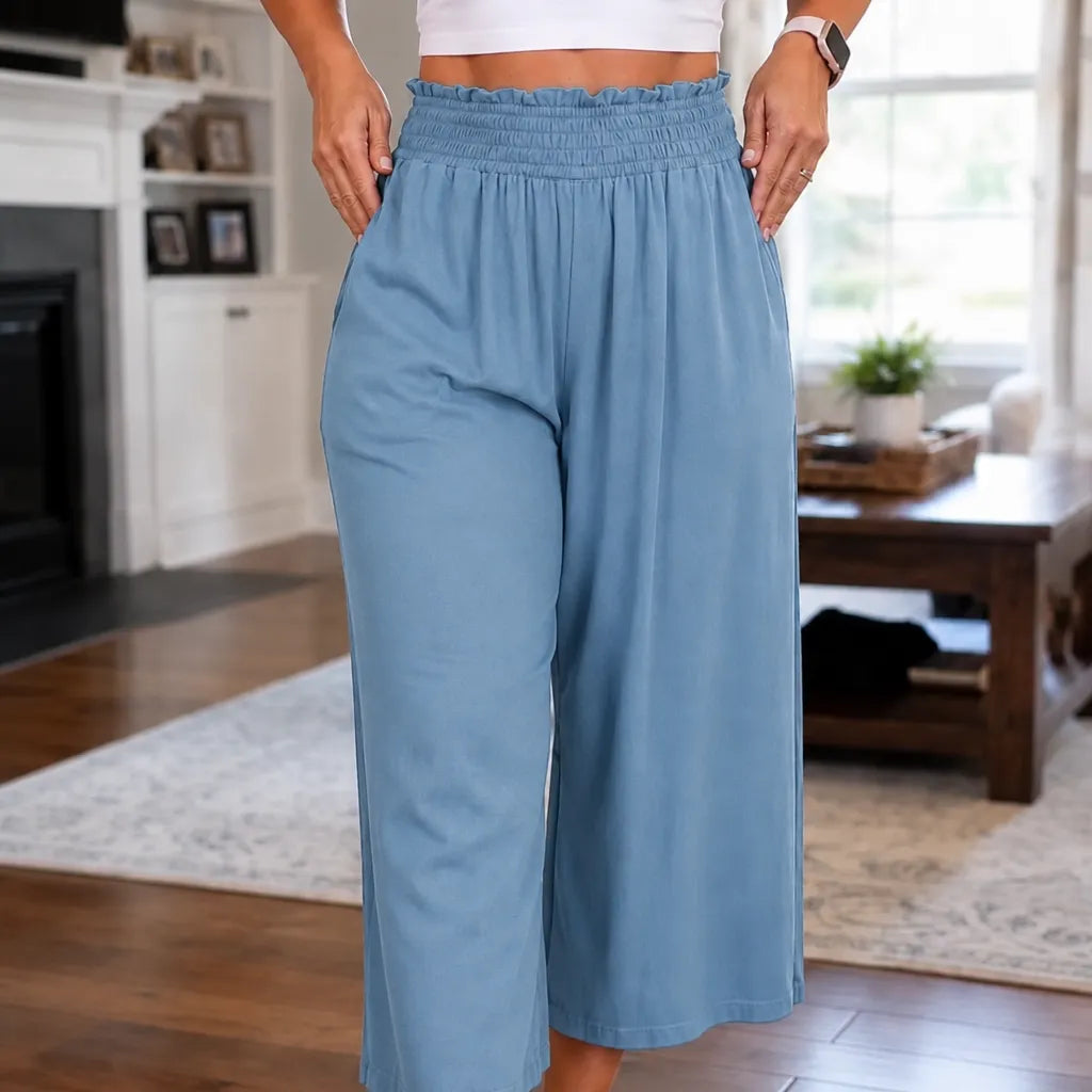 Wearbella – High Waisted Wide Leg Cropped Pants with Smocked Waist