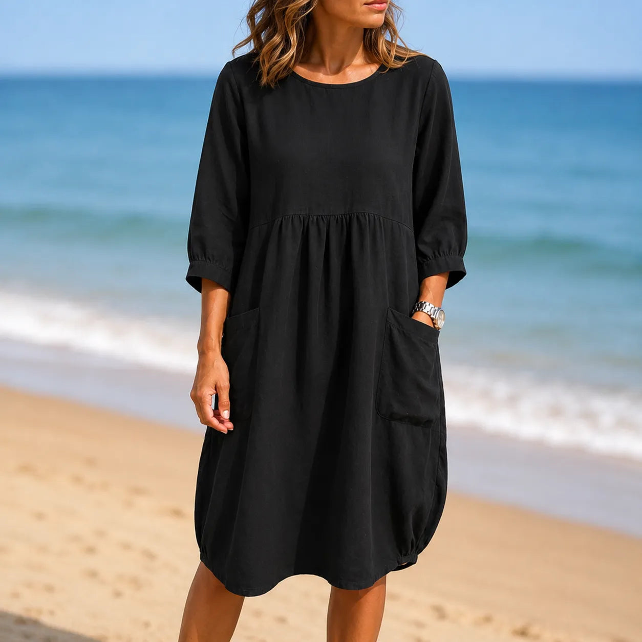 Marelle – Linen-Look Midi Dress with Three-Quarter Sleeves & Pockets