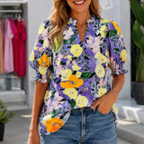 Elowen – Women's V-Neck Puff Sleeve Blouse with Smocked Cuffs, Flowy Floral Top