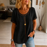 Marellia – Boho Openwork Trim Tunic Top for Women, Relaxed Fit Short Sleeve Summer Blouse