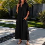 Solventa – Women's Linen-Look Maxi Shirt Dress with Pockets