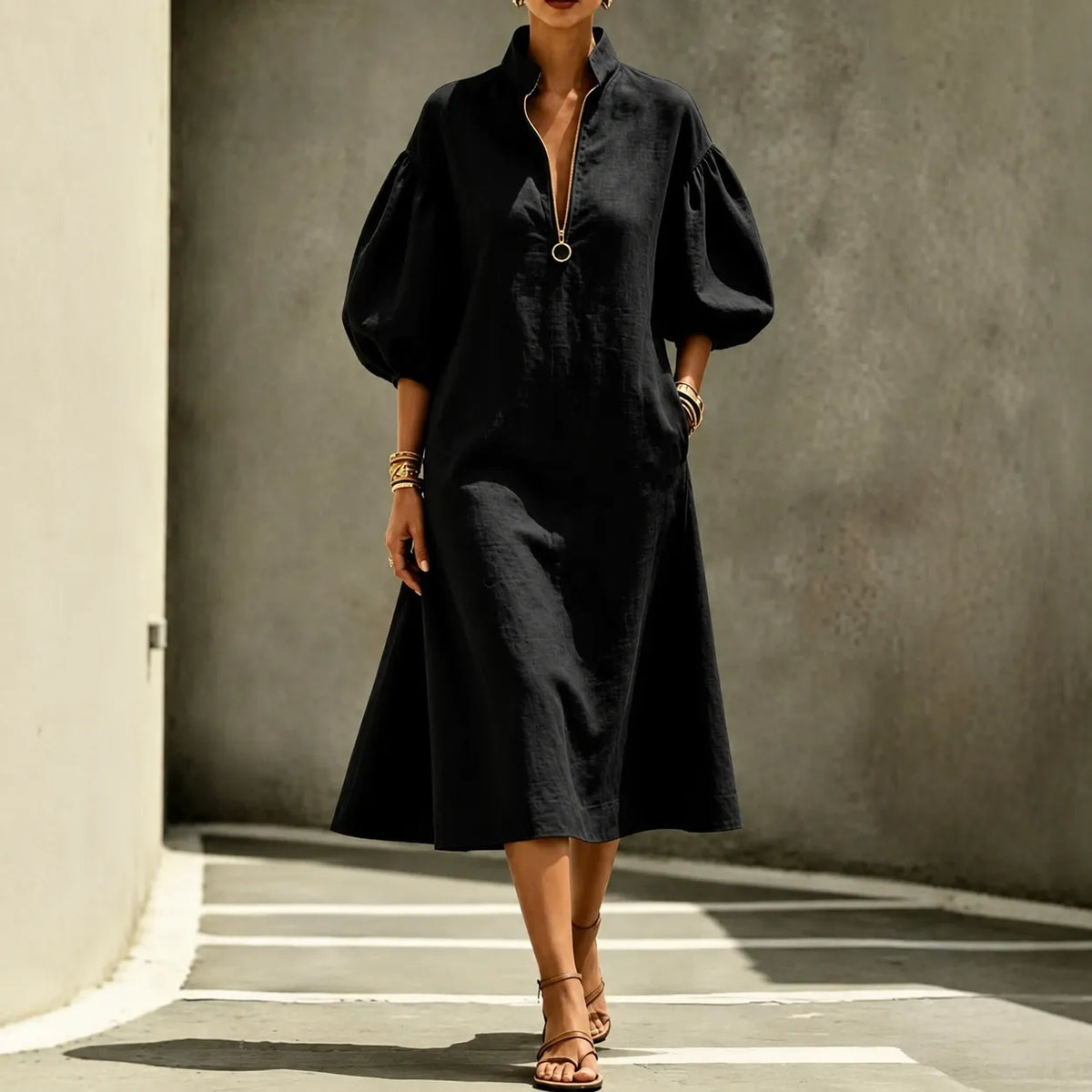 Solvana – Half-Zip Puff Sleeve Loose Midi Dress with Pockets