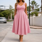 Vellora – Ruched Sweetheart Midi Dress with Pockets