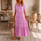 Solara – Ikat Print Boho Maxi Dress with Tassel V-Neck