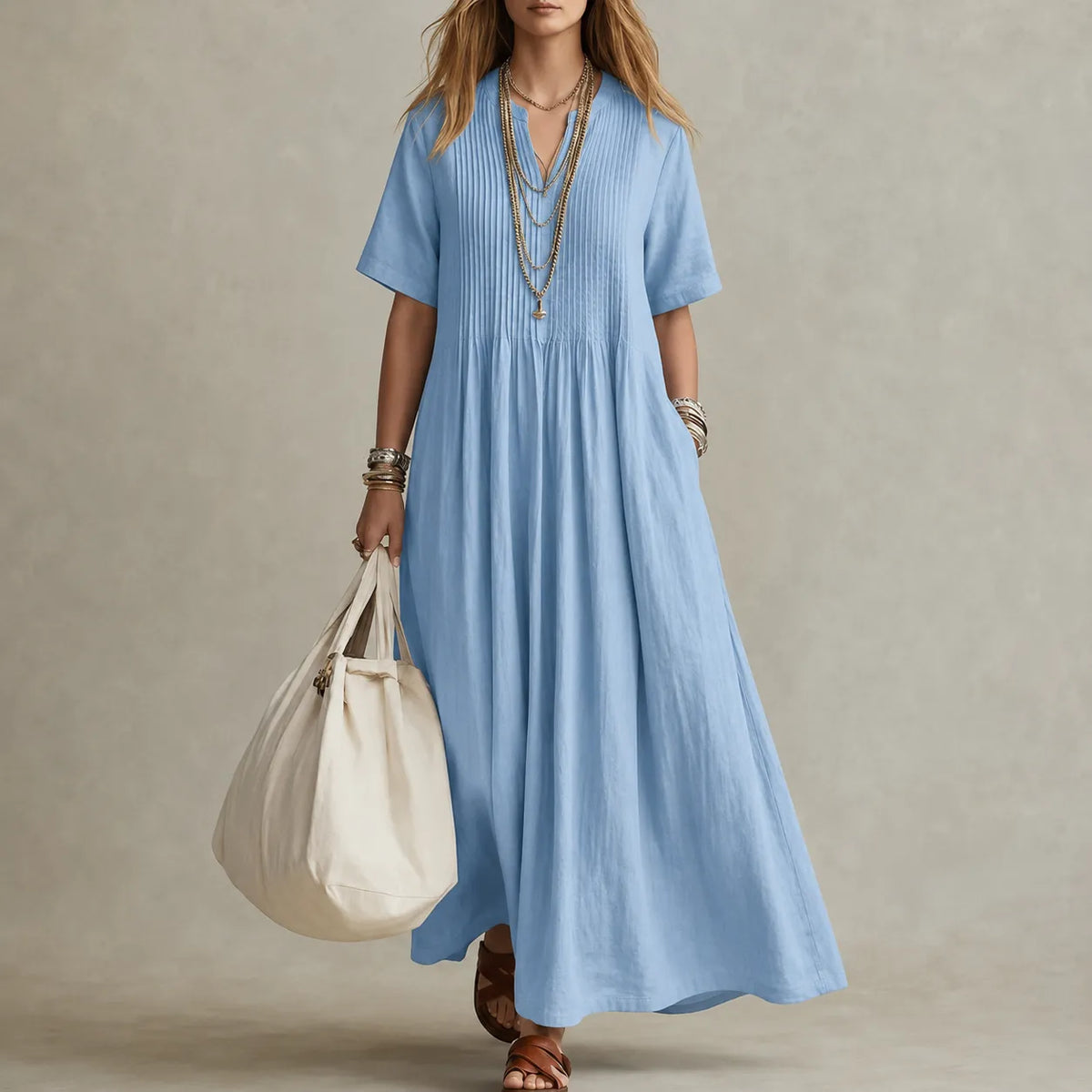 Lunavia – Pleated V-Neck Maxi Dress with Pockets