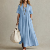 Lunavia – Pleated V-Neck Maxi Dress with Pockets