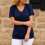 Velora – Pleated V-Neck Tunic Top for Women, Soft Drape Casual Blouse