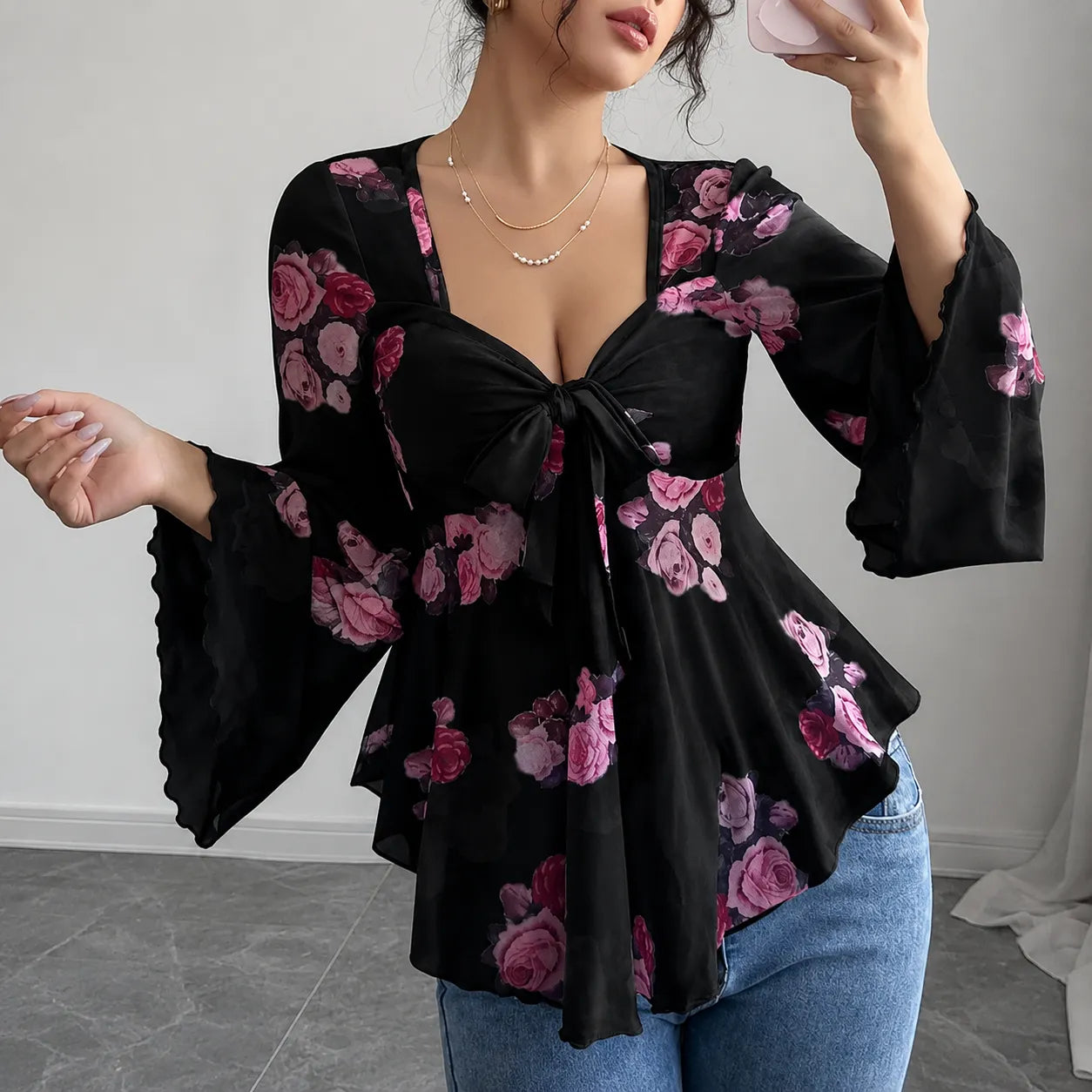 Roselyn – Floral tie-front bell sleeve mesh blouse