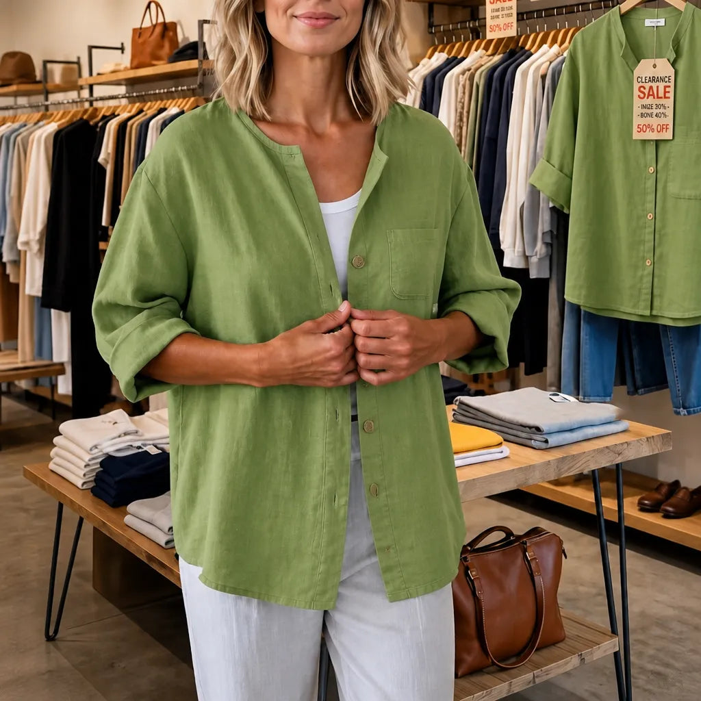 Marelle – Relaxed Fit Linen-Look Button Blouse with ¾ Sleeve