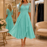 Elarose – Embroidered Lace Bodice Midi Dress for Weddings