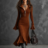 Selara – Ribbed Fishtail Knit Midi Dress with Half-Zip Collar