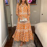 Verella – Chain-Print Tiered Maxi Dress with Pockets & V-Neck