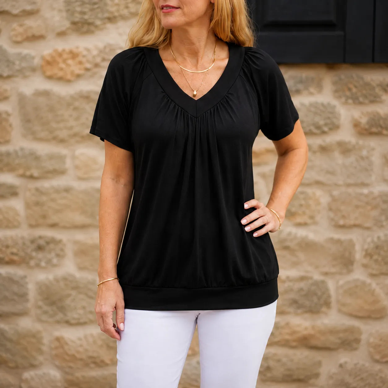 Velora – Pleated V-Neck Tunic Top for Women, Soft Drape Casual Blouse