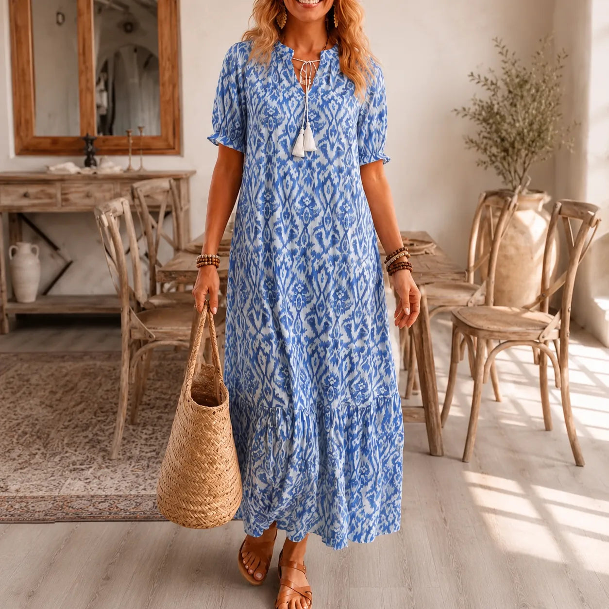 Solara – Ikat Print Boho Maxi Dress with Tassel V-Neck