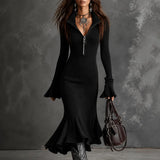 Selara – Ribbed Fishtail Knit Midi Dress with Half-Zip Collar
