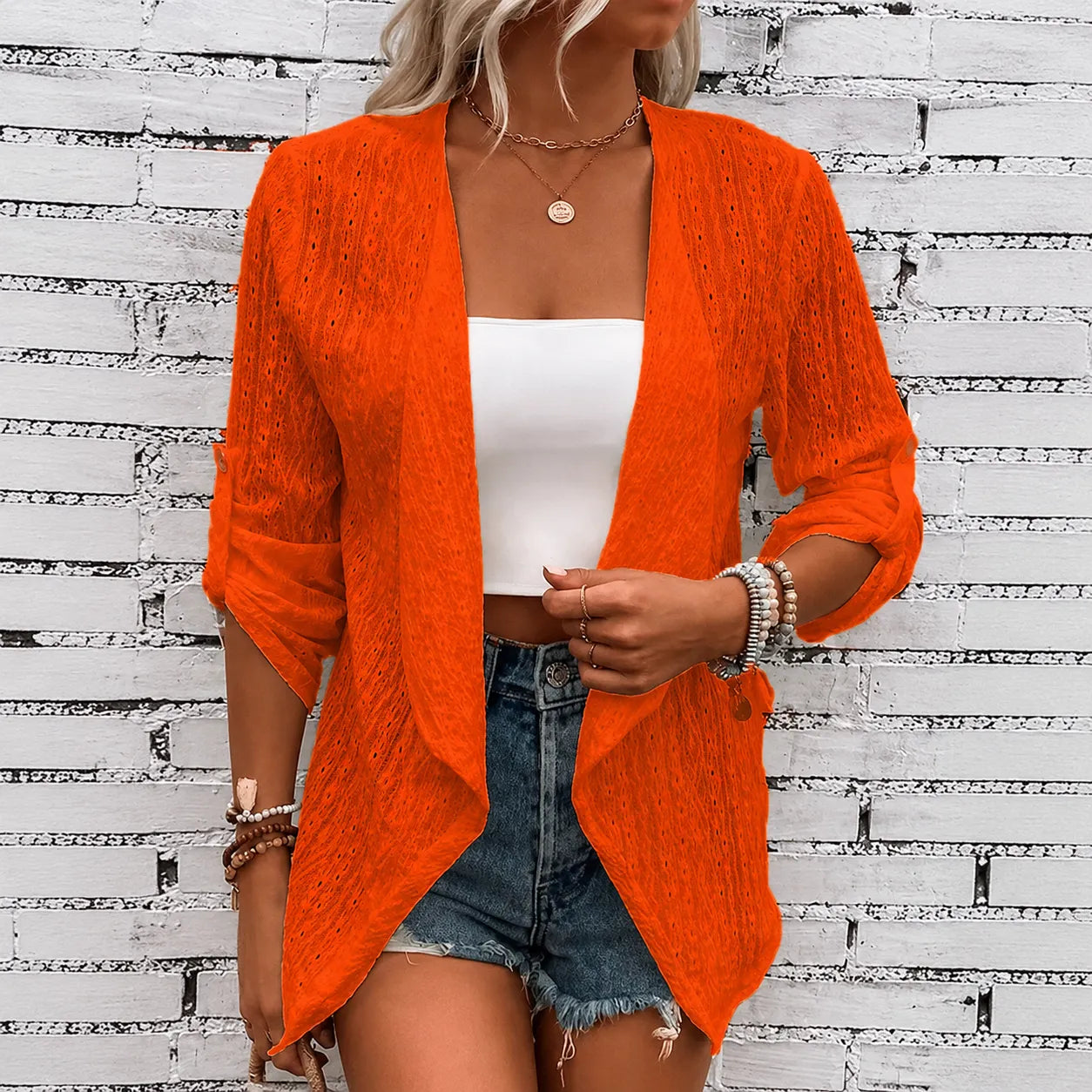 Solelle – Eyelet Waterfall Open-Front Cardigan for Women