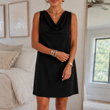Solvea – Cowl Neck Shift Dress, Sleeveless Mini with Side Pockets