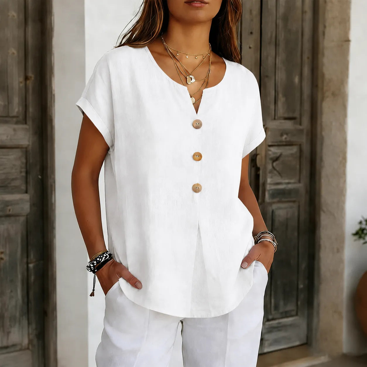 Lyneva – Linen-Look V-Neck Button Top for Women, Relaxed Casual Short-Sleeve Blouse