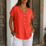 Lyneva – Linen-Look V-Neck Button Top for Women, Relaxed Casual Short-Sleeve Blouse