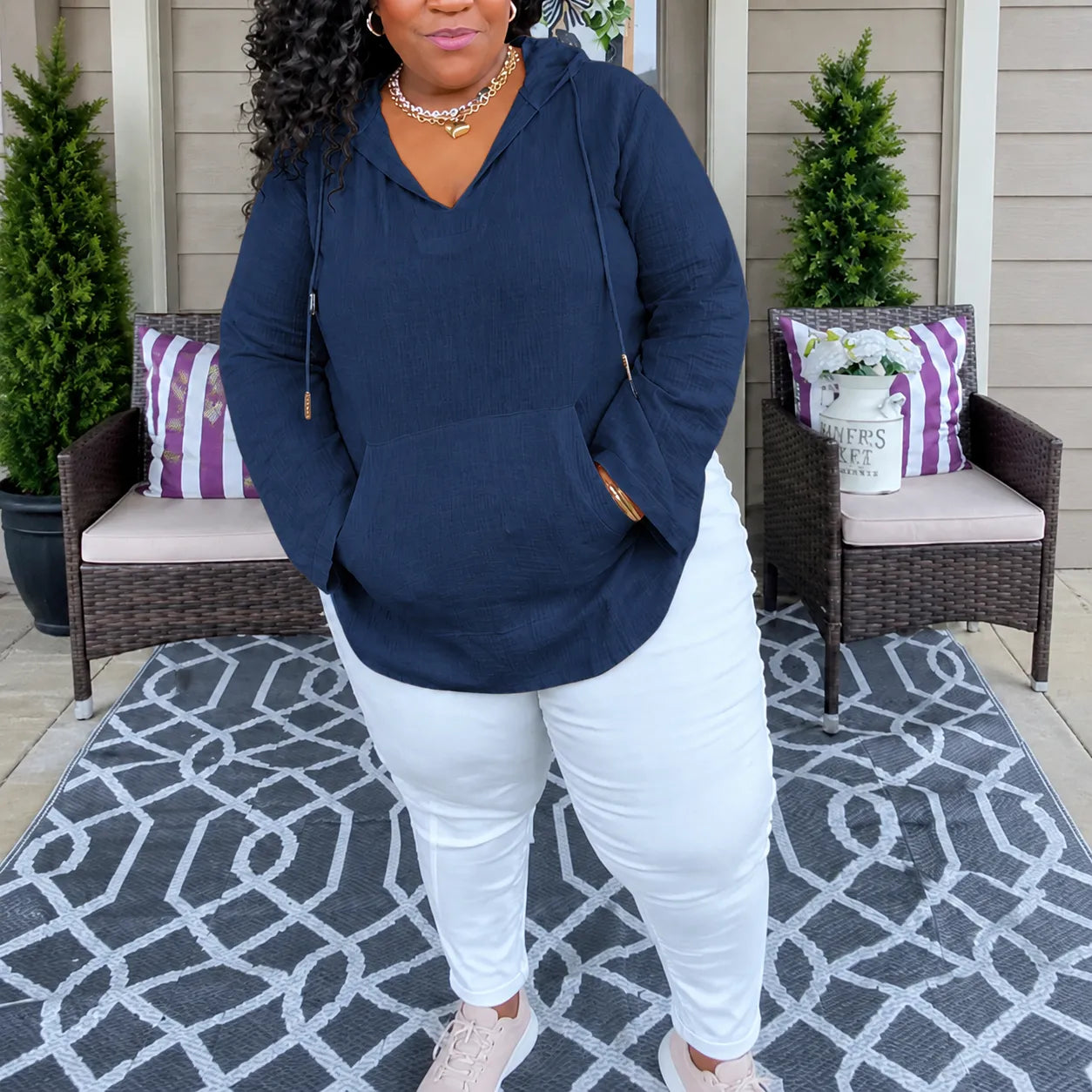 Muslina – Soft V-Neck Hooded Summer Top with Kangaroo Pocket