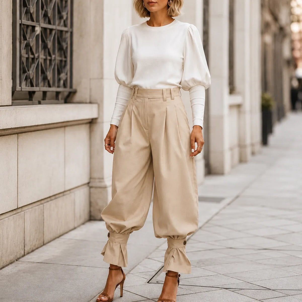 Marlow – Pleated Lantern Wide-Leg Trousers with Bow Cuffs