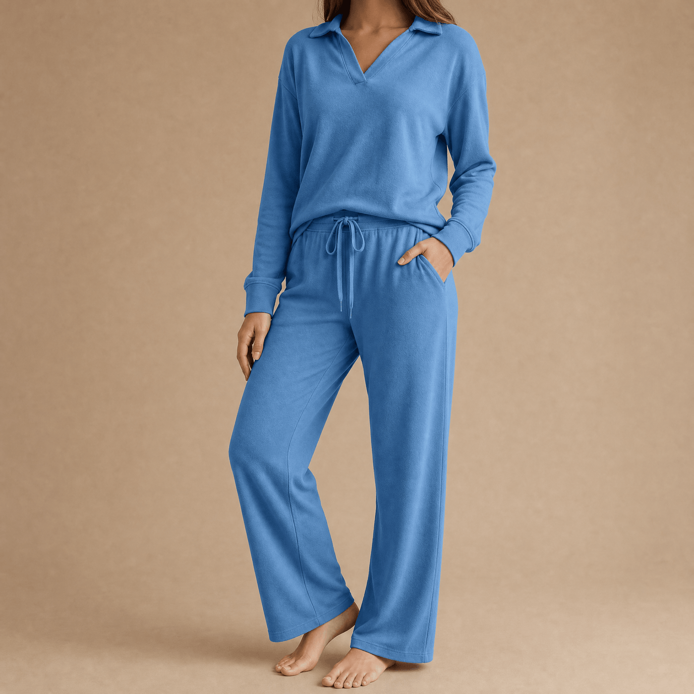 Veluna – Soft V-Neck Lounge Set with Wide Leg Pants