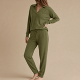 Veluna – Soft V-Neck Lounge Set with Wide Leg Pants